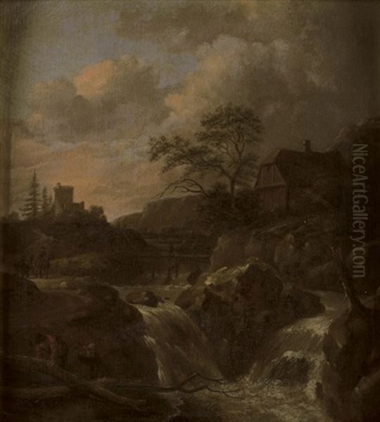 A Torrent In A Scandinavian Landscape, A House Beyond by Salomon Rombouts