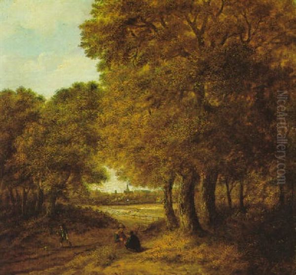 Waldlandschaft Mit Figuren Und Blick Auf Ein Fernes Dorf by Salomon Rombouts