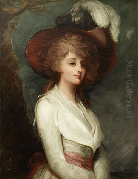 Portrait Of A Young Lady, Three-quarter-length, In A White Dress With A Pink Sash And A Feathered Hat, Standing Before A Tree In An Open Landscape by George Romney