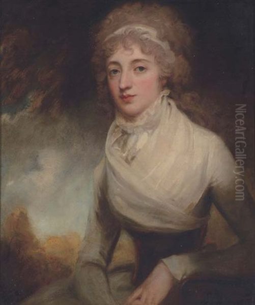 Portrait Of A Lady In A White Dress Seated In A Landscape by George Romney