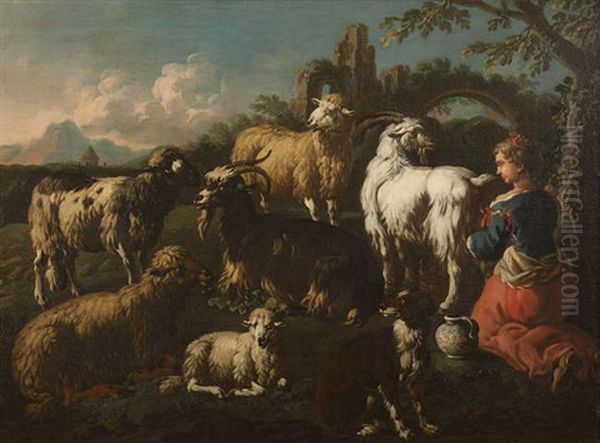 A Shepherdess With Her Flock Beside A Ruined Arch And A Goatherd With His Flock Beside A Spring (a Pair) by Jacob (Rosa di Napoli) Roos