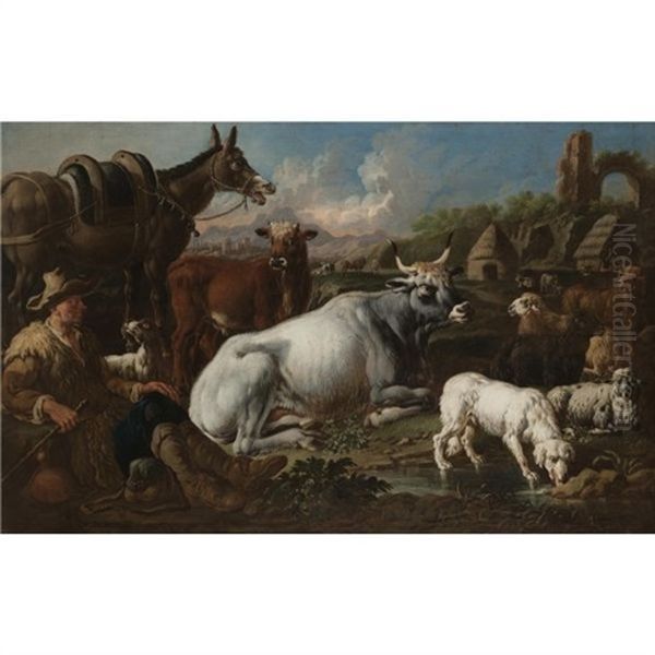 An Extensive Landscape With A Herdsman Resting His Flock Near Ancient Ruins by Jacob (Rosa di Napoli) Roos