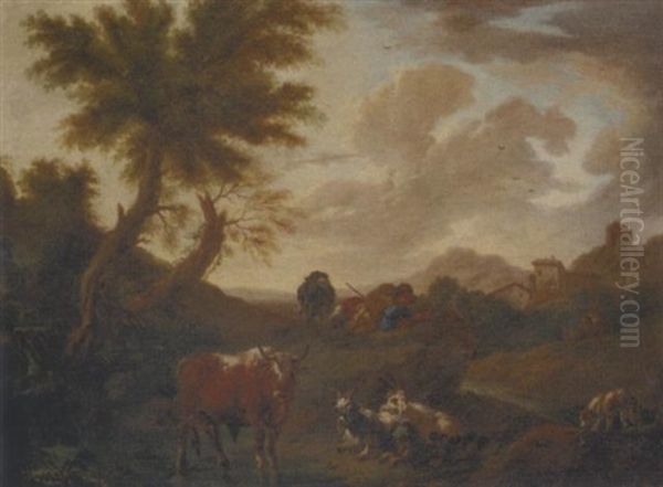 An Italianate Landscape With A Herdsman And His Cattle by Jacob (Rosa di Napoli) Roos