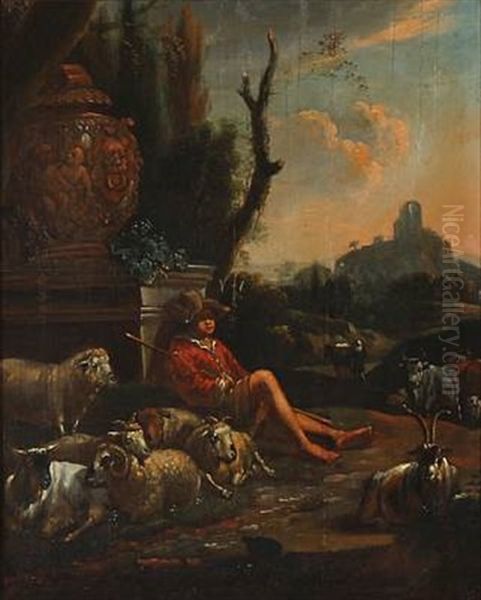 A Pair Of Landscapes With Shepherds And Animals Resting (pair) by Johann Heinrich Roos