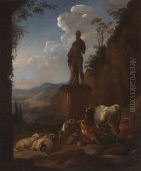 A Young Shepherd And His Flock Resting Beneath A Statue by Johann Heinrich Roos