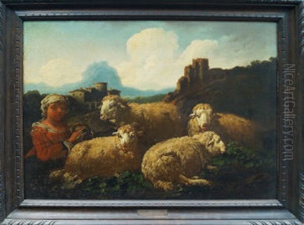 A Shepherdess And Sheep In A Mountain Landscape And Shepherd With His Dog And Sheep In A Mountain Landscape (pair) by Johann Melchior Roos