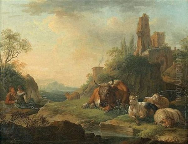 Couple De Patres Et Leurs Animaux Dans Un Paysage Surmonte De Ruines by Joseph Roos