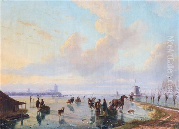 A Winter Landscape With Skaters On The Ice And A Dutch Town On The Horizon by Nicolaas Johannes Roosenboom