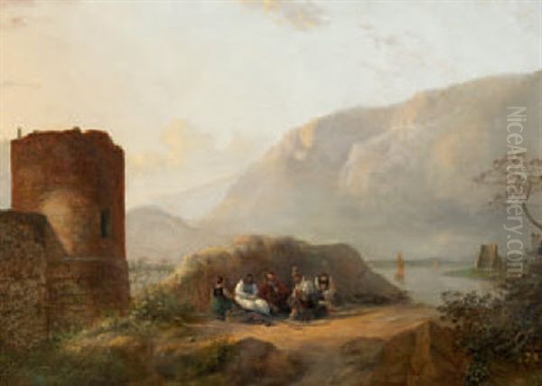 Kustenlandschaft Mit Turmruine Und Figurengruppe by Nicolaas Johannes Roosenboom