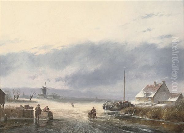 Skaters On A Dutch Waterway by Nicolaas Johannes Roosenboom