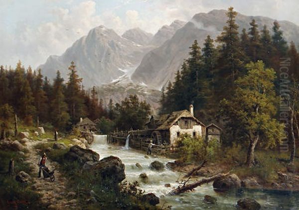 Watermill In An Alpine Landscape by Julius Karl Rose