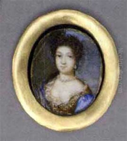 A Young Lady In Blue Silk Dress With Embroidered Bodice And Lace Underdress, Pearl Necklace And Drop Pearl Earrings, Long Curling Brown Hair Falling Over Her Right Shoulder by Susan Penelope Rosse