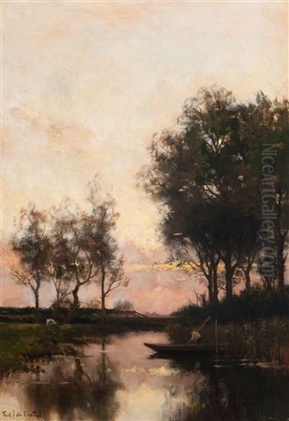 Farmer In His Punt At Dusk by Fredericus Jacobus Van Rossum Du Chattel