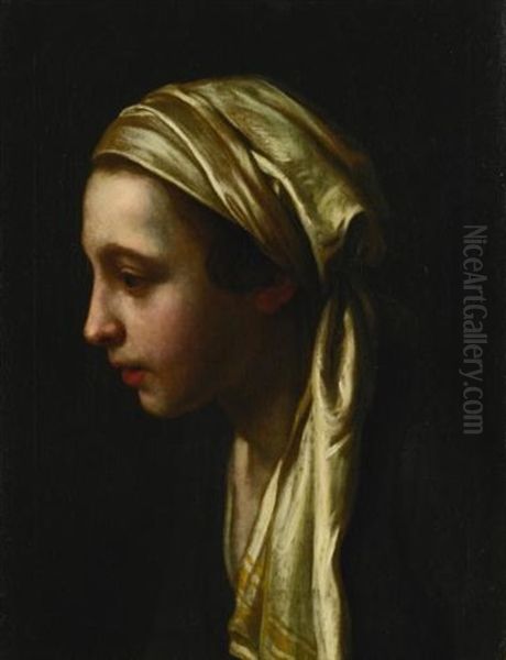 A Peasant Girl In Profile Wearing A White Scarf by Pietro Antonio Rotari