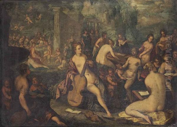 Minerva With The Muses, A Feast Of The Gods In The Background by Hans Rottenhammer the Elder