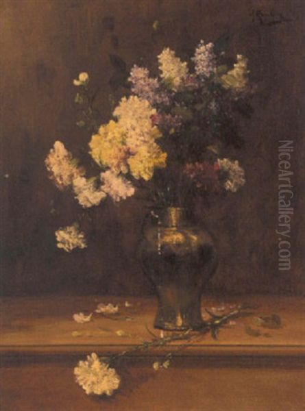 Carnations And Lilac In A Copper Vase by Alfred Rouby