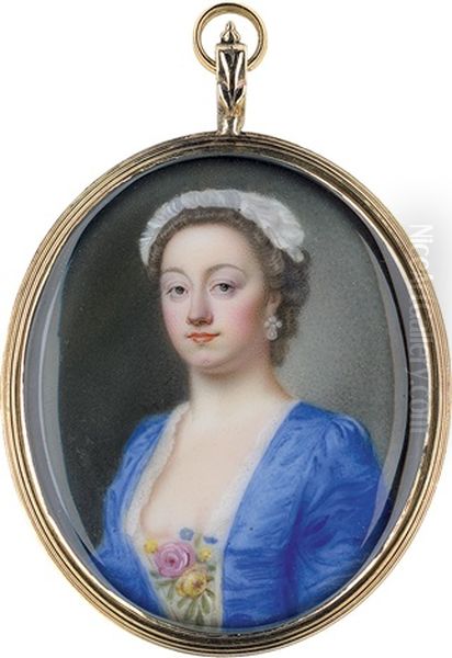 Portrait Einer Dame Im Blauen Kleid, Mit Rosenbluten Am Dekollete Und Weiser Haube by Jean Andre Rouquet