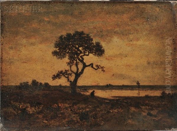 Twilight Landscape With Tree And Figure At A Pond by Theodore Rousseau