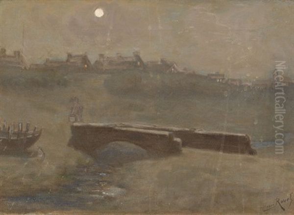 Nachtliche Landschaft Mit Brucke Und Stadt by Henri Rovel