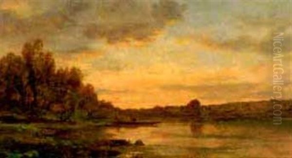 Sunset Over River With Barge And Figures by Jules Charles Rozier