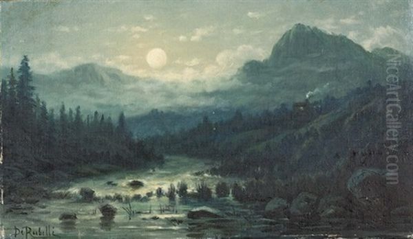 Nachtliche Flusspartie Im Gebirge Bei Vollmond by Giuseppe De Rubelli