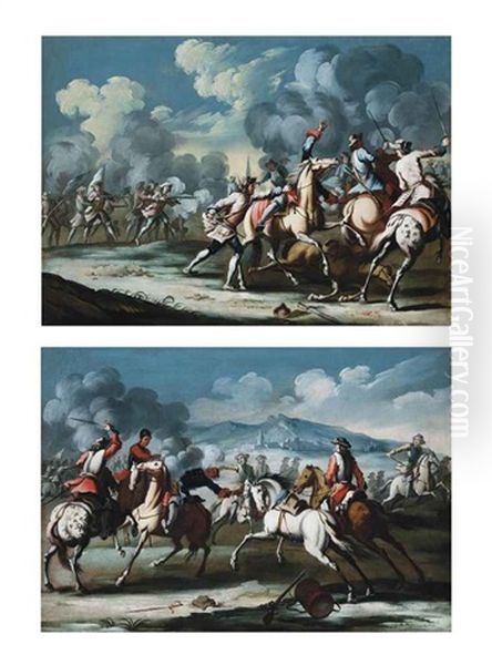 A Cavalry Skirmish (+ A Cavalry Skirmish; Pair) by Georg Philipp Rugendas the Elder