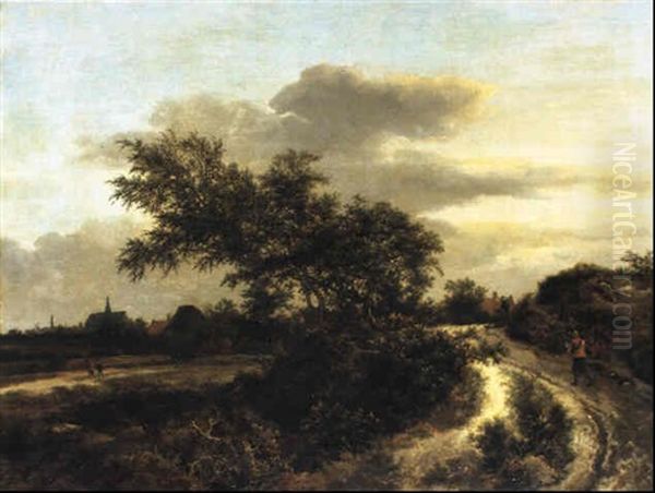 A Dune Landscape With A Peasant And His Dog On A Path by Jacob Van Ruisdael