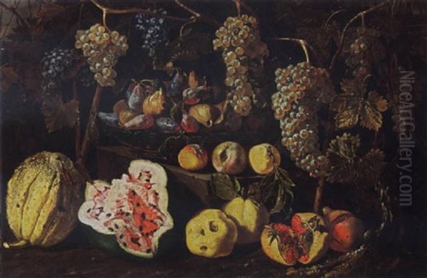 A Still Life With A Watermelon, A Melon, Pomegranates, Peaches And Grapes Together With Figs And Plums In A Basket On A Stone Ledge by Giovanni Battista Ruoppolo