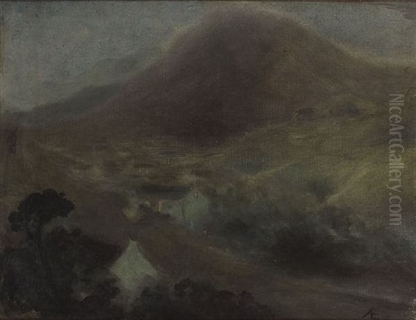 Night Scene With Cottages At Base Of A Mountain by George Russell