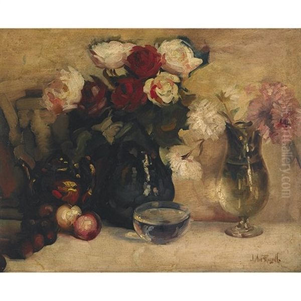 Still Life With Vases Of Flowers And A Teapot by George Horne Russell