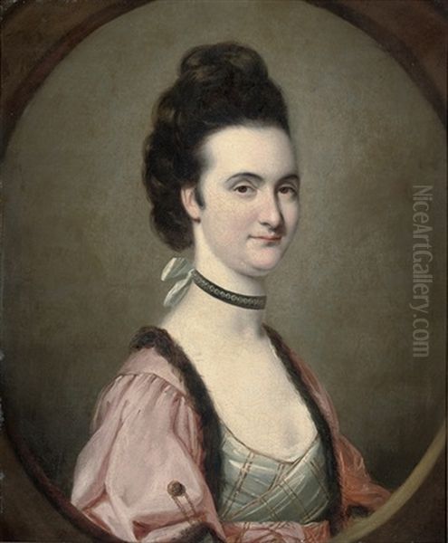 Portrait Of A Lady In A Pink Robe With Mink Trim And A Pearl Choker by John Russell