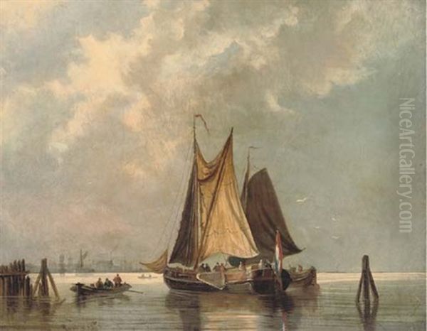 Dutch Barges In Light Airs (+ A Derelict Anchored Off The Beach After The Storm; Pair) by Johan Adolph Rust