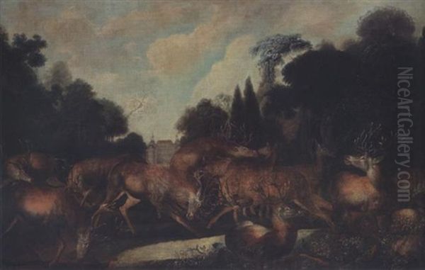 A Wooded Landscape With Stags And Hinds By A Stream, A Schloss In The Distance by Carl Borromaus Andreas Ruthart