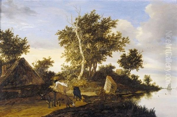 River Landscape With Herders And Cattle by Jacob Salomonsz van Ruysdael