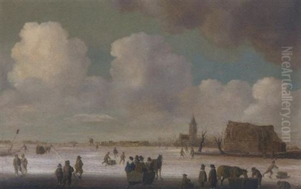 A Winter Landscape With Figures Skating On A Frozen Waterway by Salomon van Ruysdael