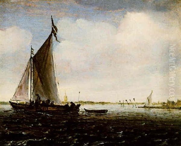 An Estuary Scene With A Smalschip And A Rowing Boat by Salomon van Ruysdael