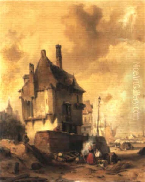 Townsfolk On A Riverbank Near Antwerp by Jean (Jan) Michael Ruyten