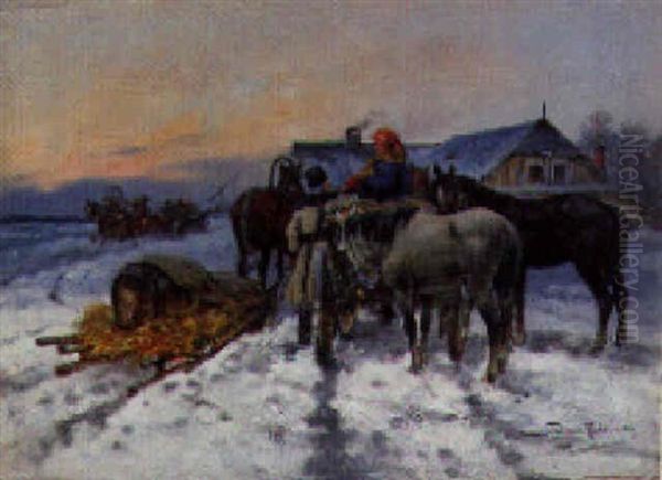 A Winter Landscape With Peasants And A Troika Before A Farmstead by Tadeusz Rybkowski