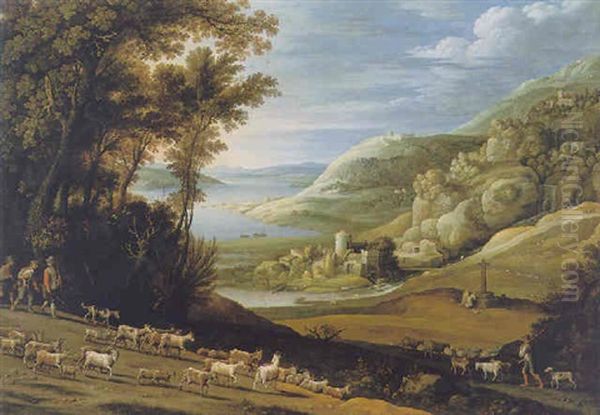 A Panomaric Campagnan Landscape With Herders And Goats by Marten Ryckaert