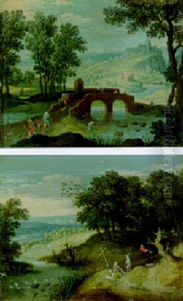 River Landscape With The Flight Into Egypt And Fishermen On A Bridge, Town Beyond by Marten Ryckaert