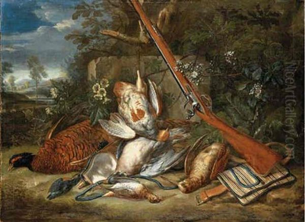 A Pheasant, A Partridge, A Pigeon, A Woodcock, A Snipe And A Kingfisher With A Powder-flash And Gun On A Forest Floor, A Landscape Beyond by Peter (Pieter Andreas) Rysbrack