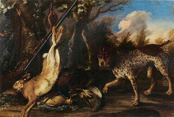 A Dead Hare And Dead Snipes Hanging From A Tree With A Pheasant, A Snipe And A Partridge On The Ground, A Hound Onlooking by Peter (Pieter Andreas) Rysbrack