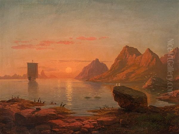 Sunset At Fjord by Georg Eduard Otto Saal