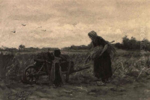 A Mother And Child Working In The Fields Around Ruurlo by Philip Lodewijk Jacob Frederik Sadee