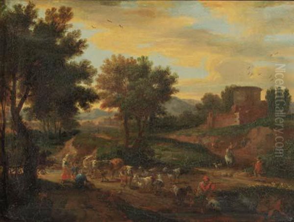 Shepherds Fording Cattle And Flock On A Sandy Track By A Ruinedcastle, In An Italianate Landscape by Adriaen Frans Boudewijns