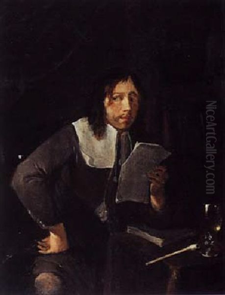 Man Seated At A Desk Reading A Note In An Interior by Cornelis Saftleven