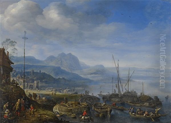 A View Of Linz Am Rhein, With Barges Unloading At A Quay And An Inn Nearby Oil Painting - Herman Saftleven