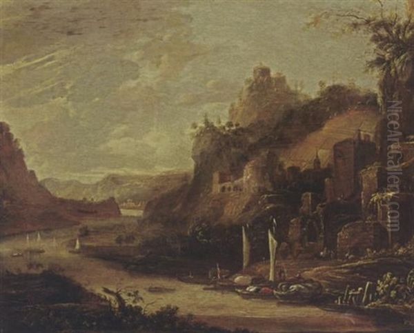 A Extensive River Landscape With Boats, A Fortified Town Together With Ruins On Hills Nearby by Herman Saftleven