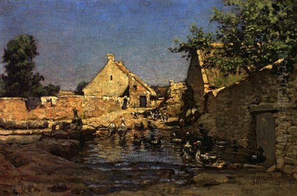 Dorfstrasse Mit Enten Am Gewasser by Henri Saintin