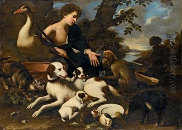 Pastore Con Cani, Un Gatto, Una Scimmia Ed Un'oca In Un Paesaggio by Tommaso Salini